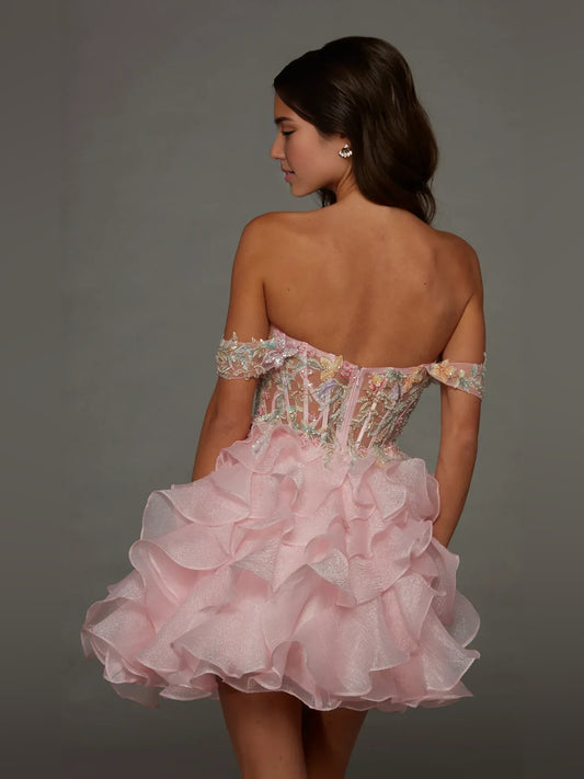 Blush Pink mini homecoming dress, back view showing the rear of the dress