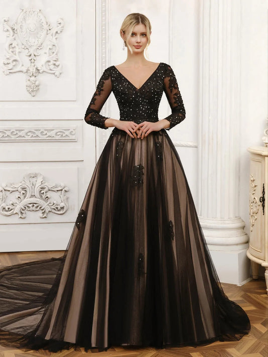 Black floor-length wedding dress, alternate view showing the bodice and skirt