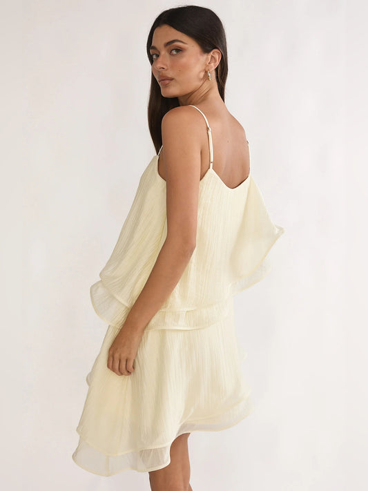 Cream mini homecoming dress, alternate view showing the bodice and skirt