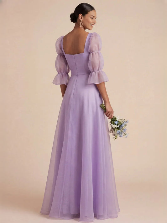 Lilac maxi bridesmaid dress, alternate view showing the bodice and skirt