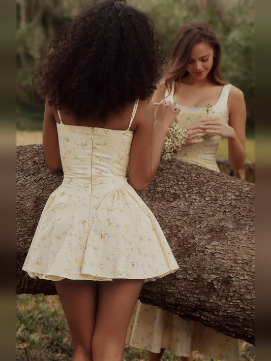 Floral mini homecoming dress, alternate view showing the bodice and skirt