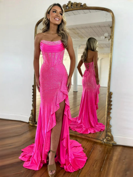 Hot Pink maxi prom dress, alternate view showing the bodice and skirt