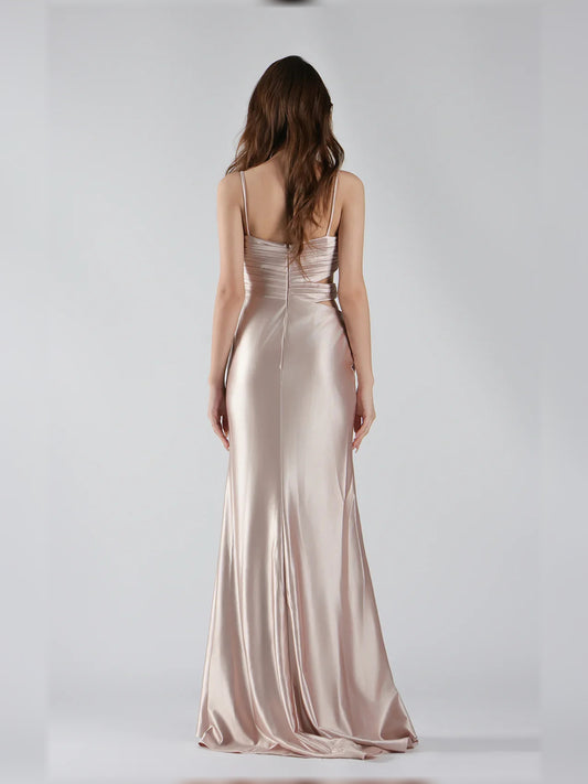 Taupe mermaid floor-length formal dress with ruching, alternate view
