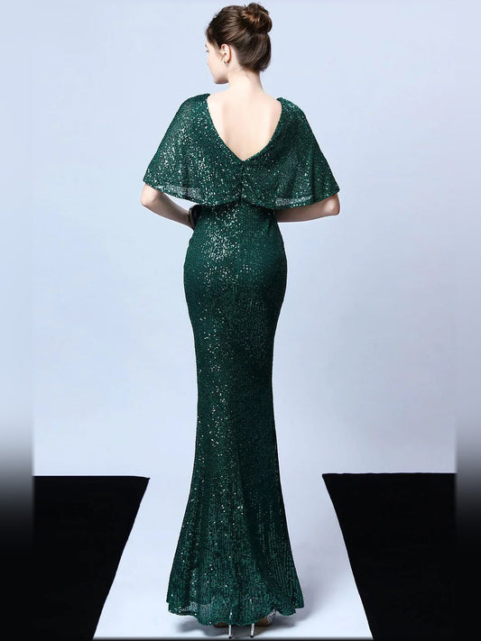 Dark Green mermaid floor-length formal dress with draping, alternate view