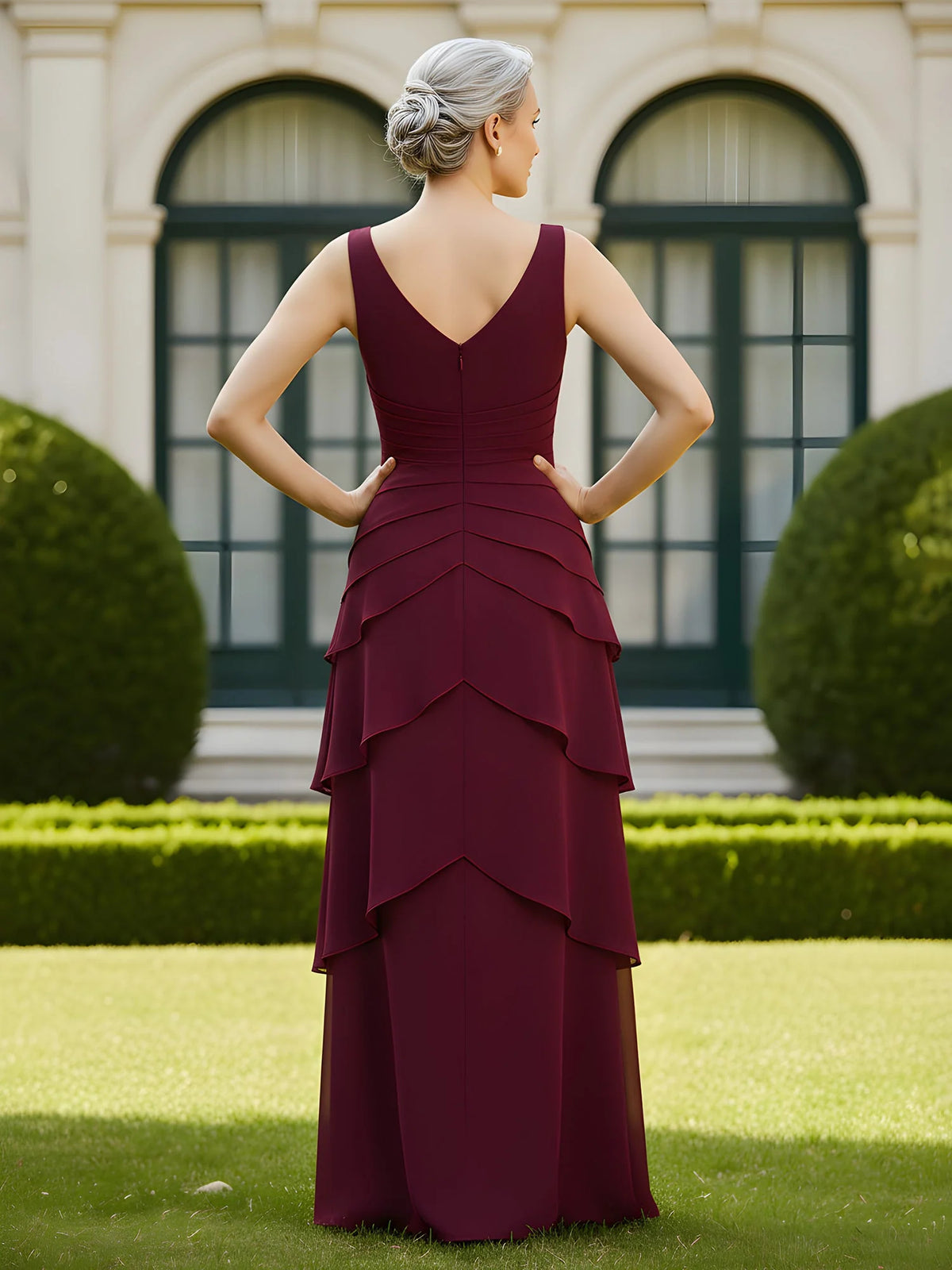 Cabernet floor-length formal dress with ruffle details, alternate view