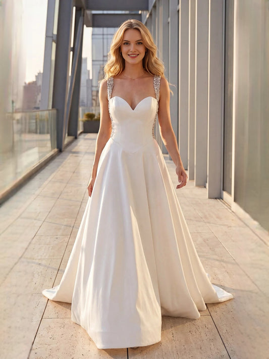 White floor-length wedding dress, alternate view showing the bodice and skirt