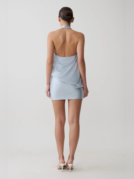 Blue mini homecoming dress, alternate view showing the bodice and skirt