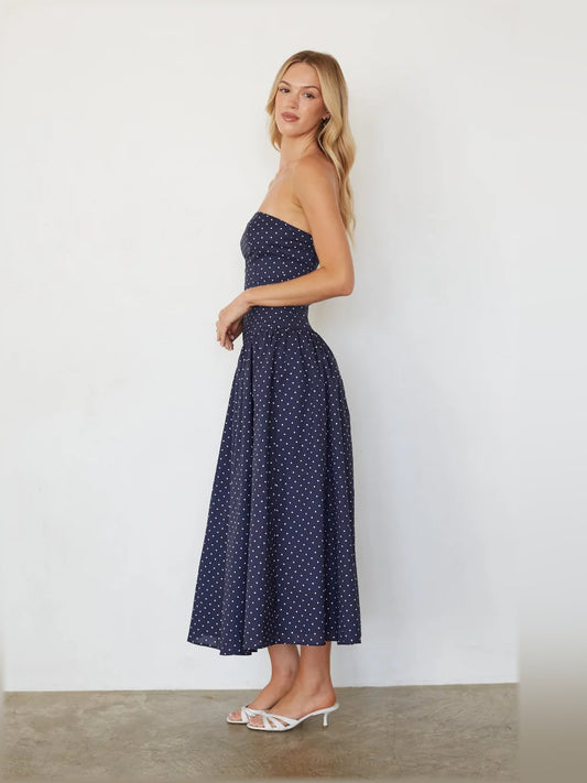 Navy midi formal dress with printed pattern, alternate view