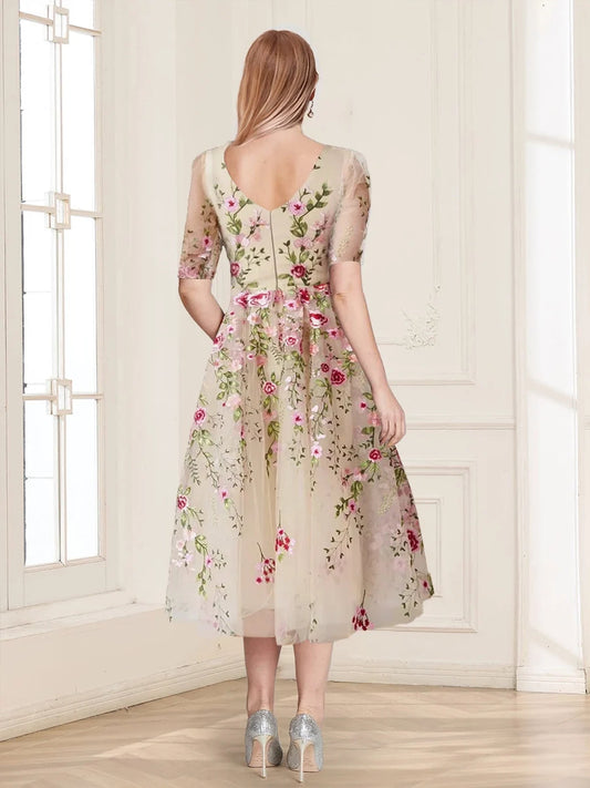 Champagne tea-length mother of the bride dress, alternate view showing the bodice and skirt