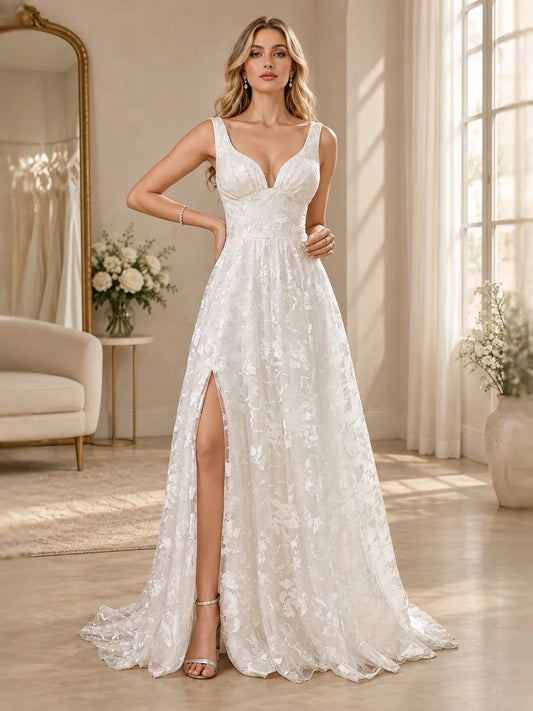 Ivory floor-length wedding dress, alternate view showing the bodice and skirt