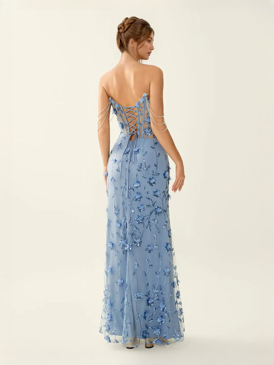 Champagne maxi prom dress, alternate view showing the bodice and skirt