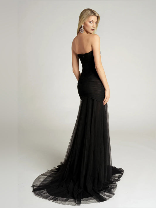 Black mermaid floor-length formal dress with skirt slit, alternate view