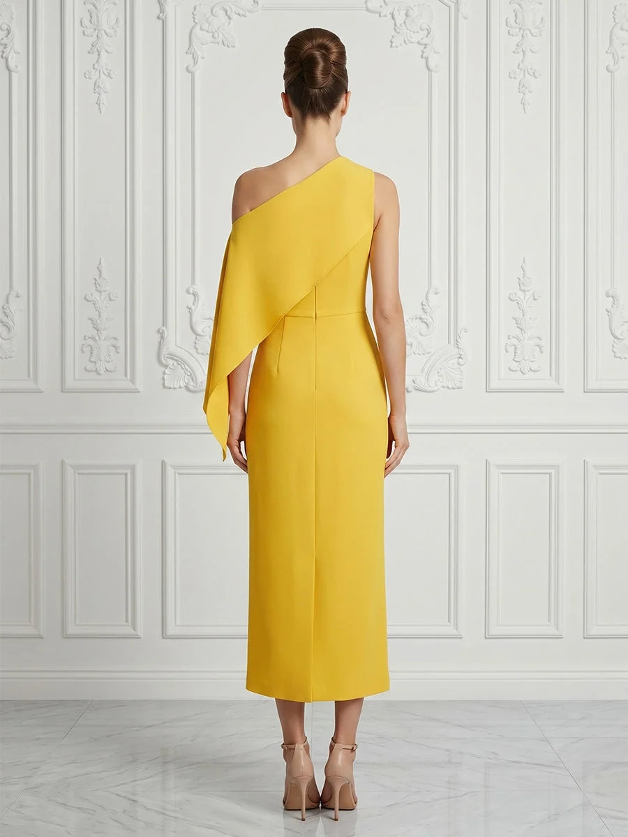 Yellow midi mother of the bride dress, alternate view showing the bodice and skirt