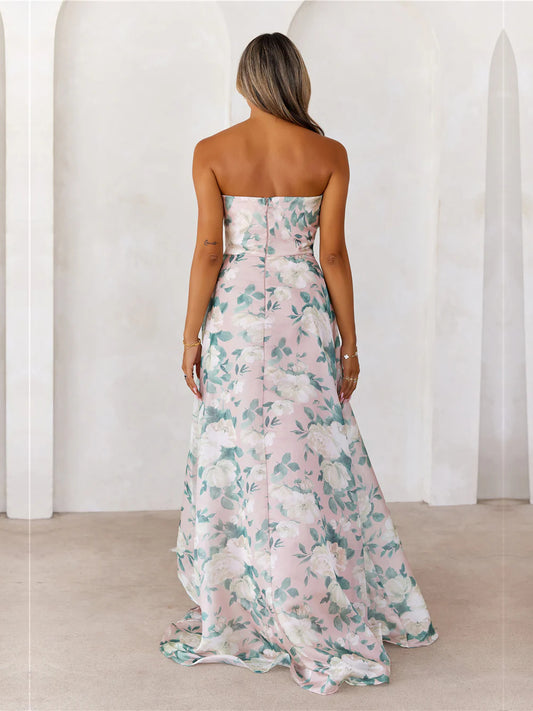 Multi a-line maxi formal dress with floral print, full-length back view