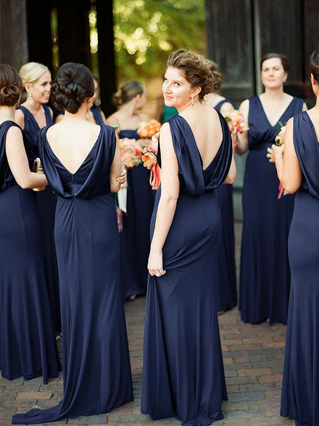 Dark Navy floor-length bridesmaid dress, alternate view showing the bodice and skirt