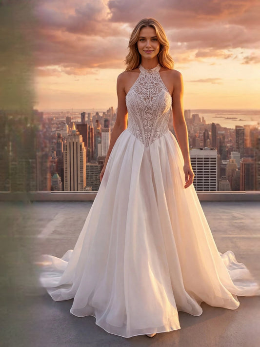 Ivory floor-length wedding dress, alternate view showing the bodice and skirt