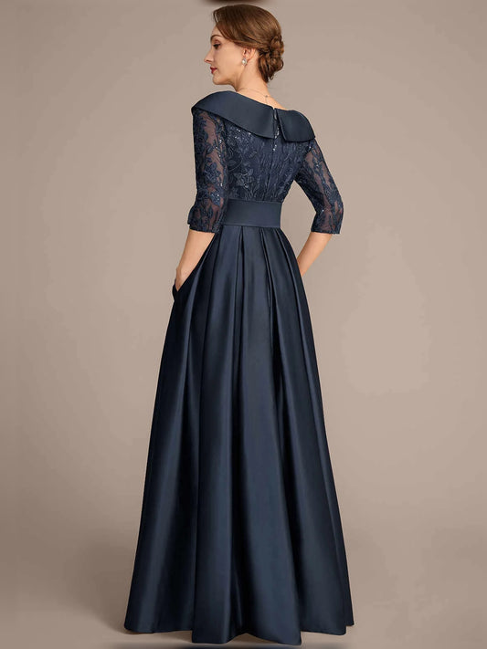 Dark Navy floor-length mother of the bride dress, alternate view showing the bodice and skirt