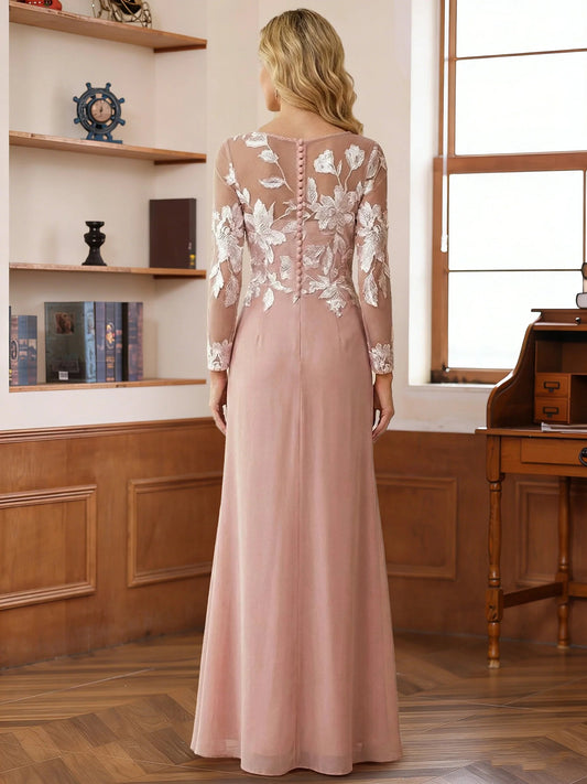 Blush Pink floor-length mother of the bride dress, alternate view showing the bodice and skirt
