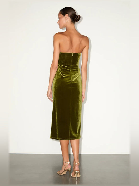 Olive Green midi formal dress, alternate view