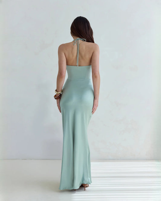 halter neck satin a-line maxi bridesmaid dress - image 2