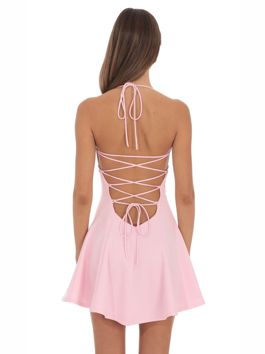 Pink mini homecoming dress, alternate view showing the bodice and skirt