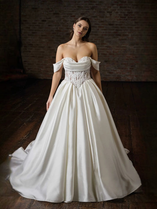 Ivory floor-length wedding dress, alternate view showing the bodice and skirt