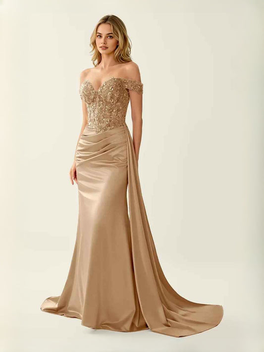 Champagne Gold floor-length prom dress, alternate view showing the bodice and skirt