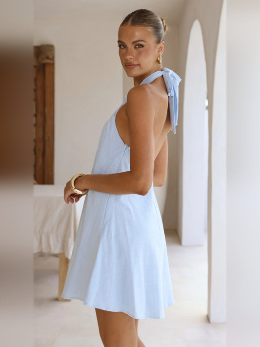 Blue mini homecoming dress, alternate view showing the bodice and skirt