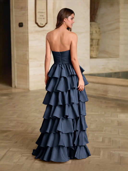 Navy Blue maxi prom dress, alternate view showing the bodice and skirt