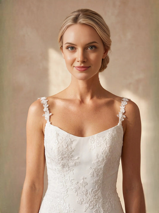 Ivory floor-length wedding dress, alternate view showing the bodice and skirt