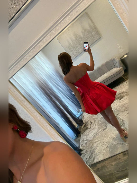 Red mini homecoming dress, back view showing the rear of the dress