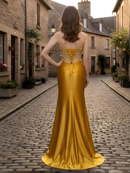 Marigold a-line floor-length formal dress with beading, alternate view