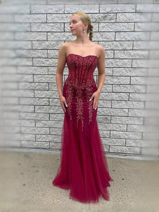 Burgundy maxi prom dress, back view showing the rear of the dress