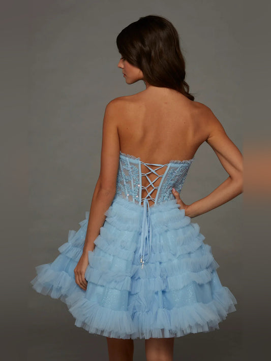 Light Blue mini homecoming dress, back view showing the rear of the dress