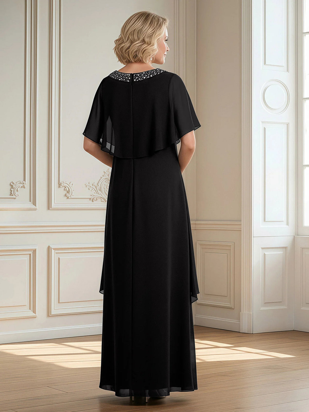 Black floor-length mother of the bride dress, alternate view showing the bodice and skirt