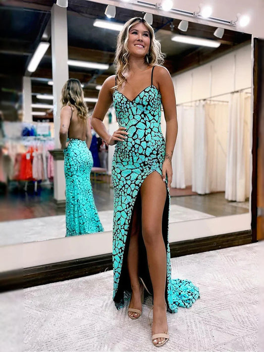 Aqua floor-length prom dress, alternate view showing the bodice and skirt