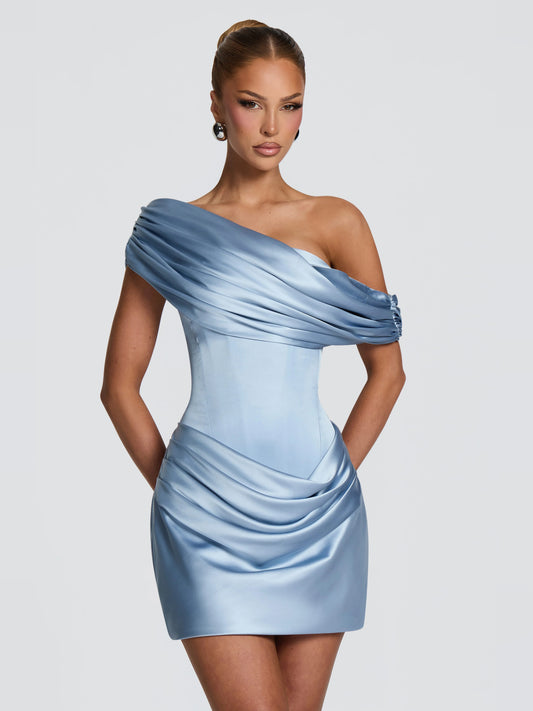 Blue mini homecoming dress, alternate view showing the bodice and skirt