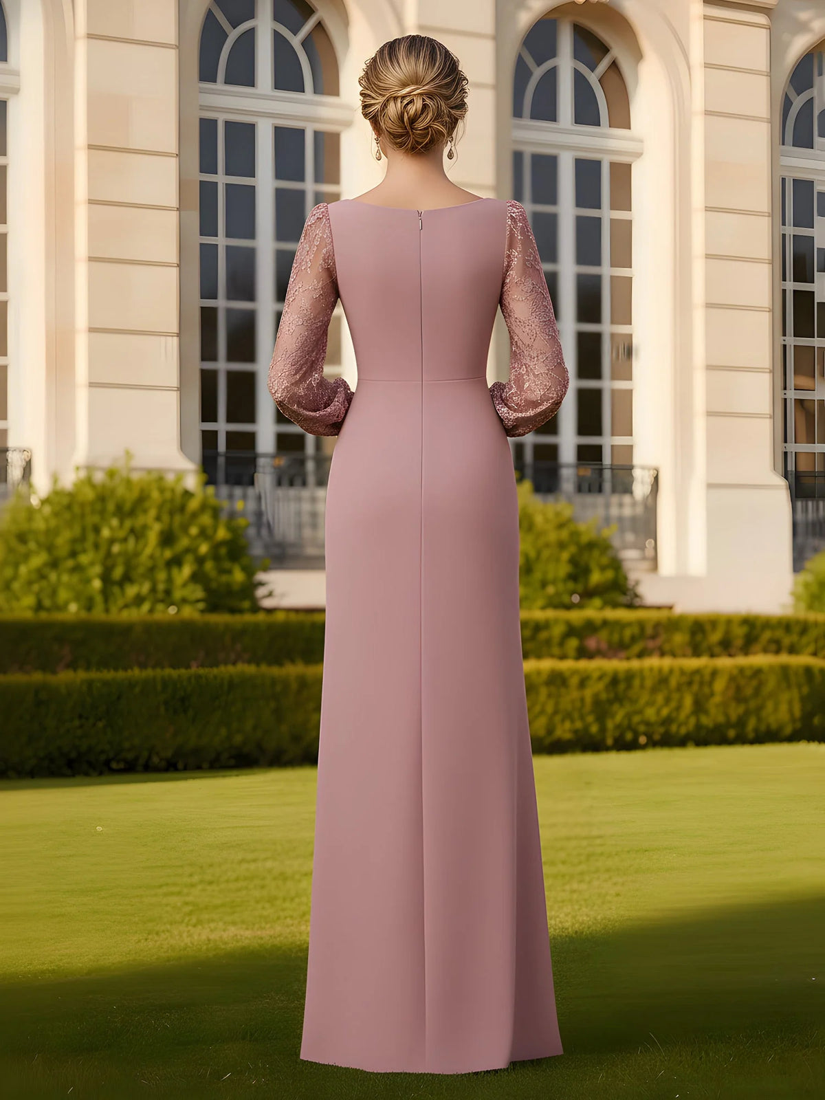 Dusty Rose floor-length mother of the bride dress, alternate view showing the bodice and skirt