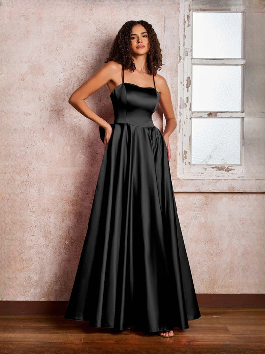 Black floor-length prom dress, back view showing the rear of the dress