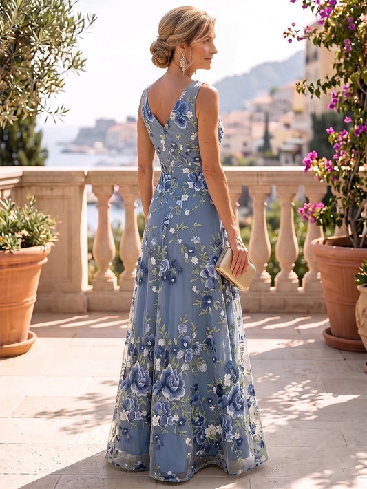 Dusty Blue floor-length mother of the bride dress, alternate view showing the bodice and skirt