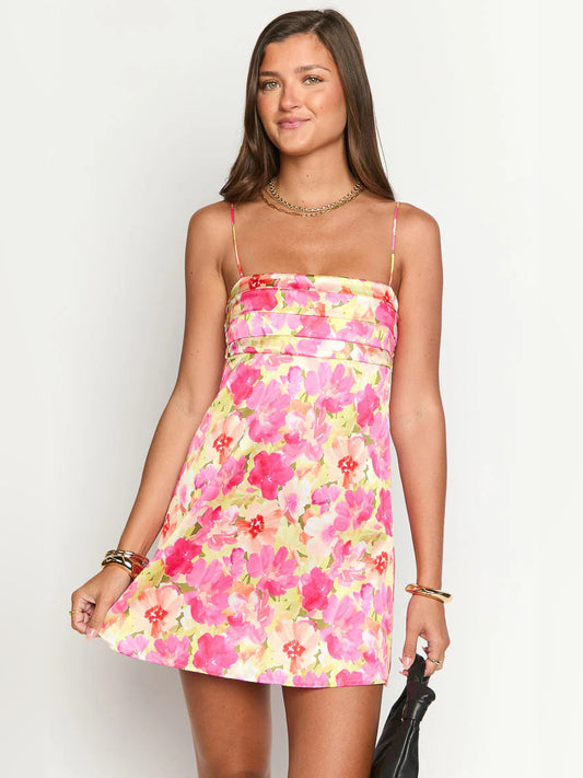Yellow Floral mini homecoming dress, alternate view showing the bodice and skirt