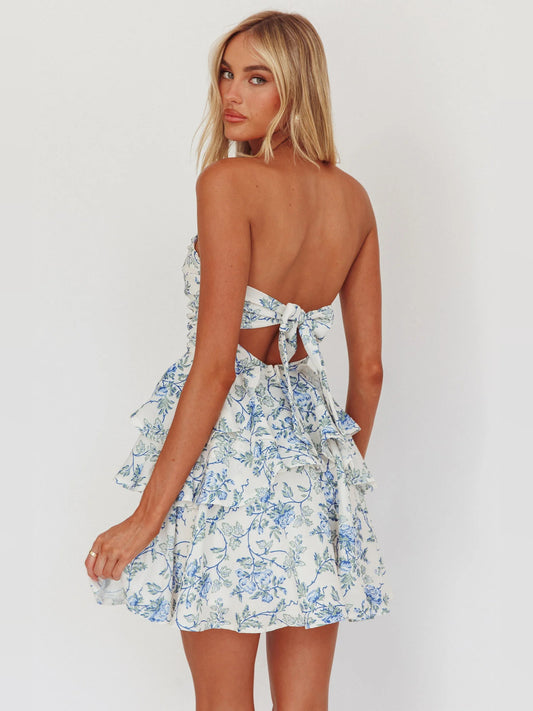 Blue mini homecoming dress, alternate view showing the bodice and skirt