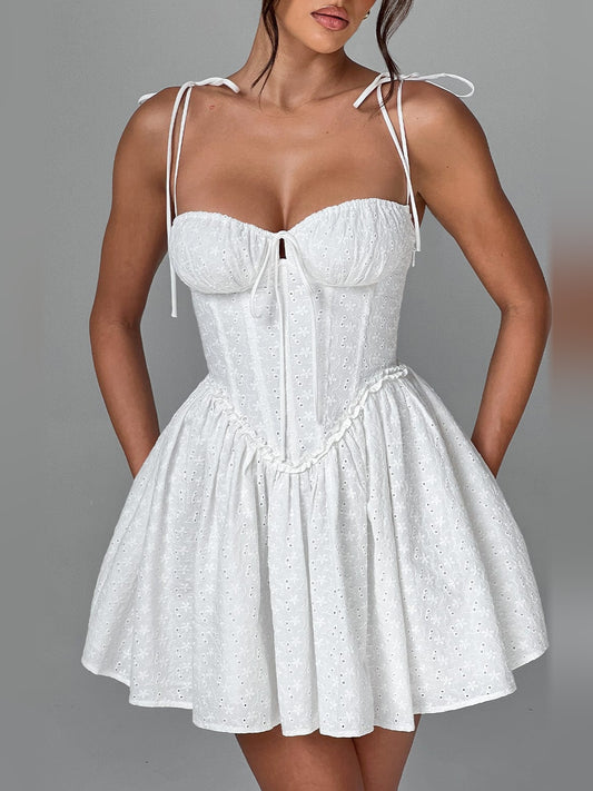 Ivory mini homecoming dress, alternate view showing the bodice and skirt
