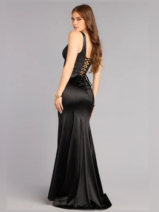 Black mermaid floor-length formal dress with skirt slit, alternate view