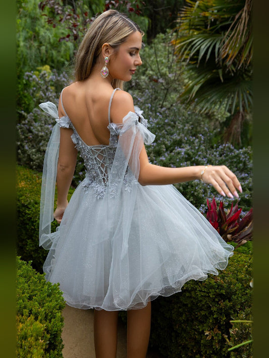 Mist Blue short homecoming dress, back view showing the rear of the dress