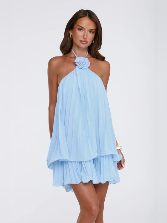 Blue mini homecoming dress, alternate view showing the bodice and skirt