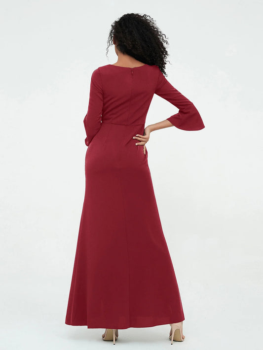 Burgundy column floor-length formal dress with skirt slit, alternate view