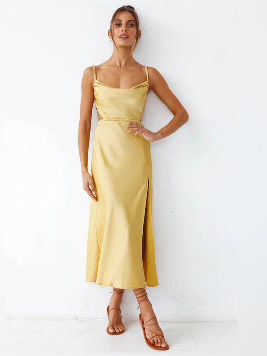 Yellow midi formal dress with cutout detail, alternate view