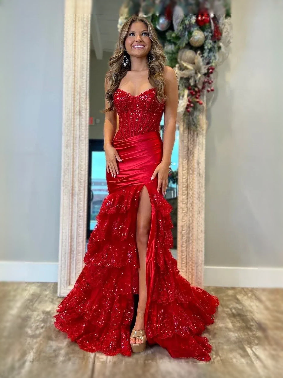 Red floor-length prom dress, alternate view showing the bodice and skirt