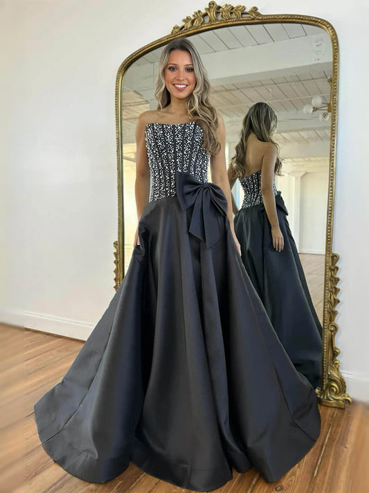 Black maxi prom dress, alternate view showing the bodice and skirt